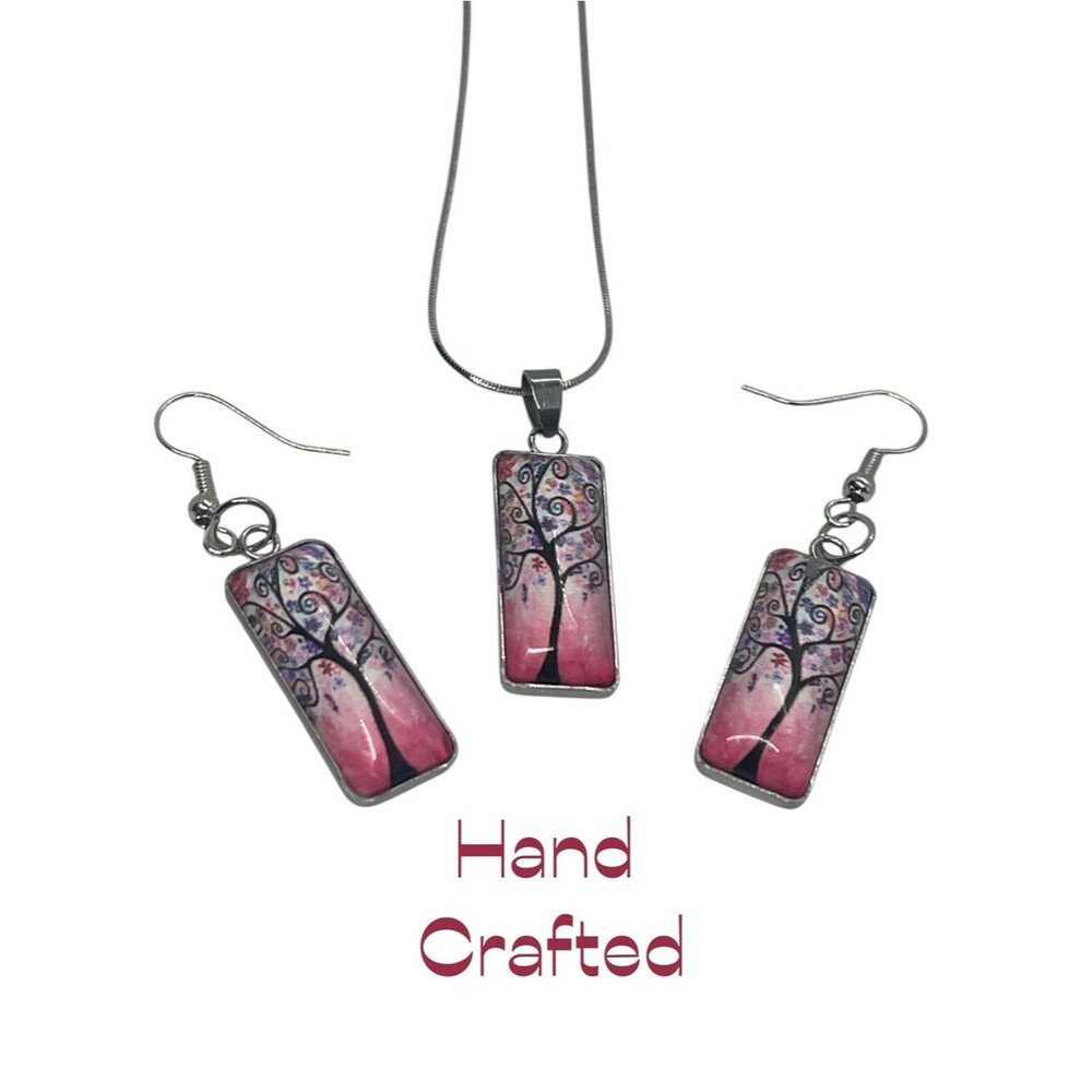 Hand Crafted Pink Black Tree Glass Rectangle Necklace Earrings Set NWT